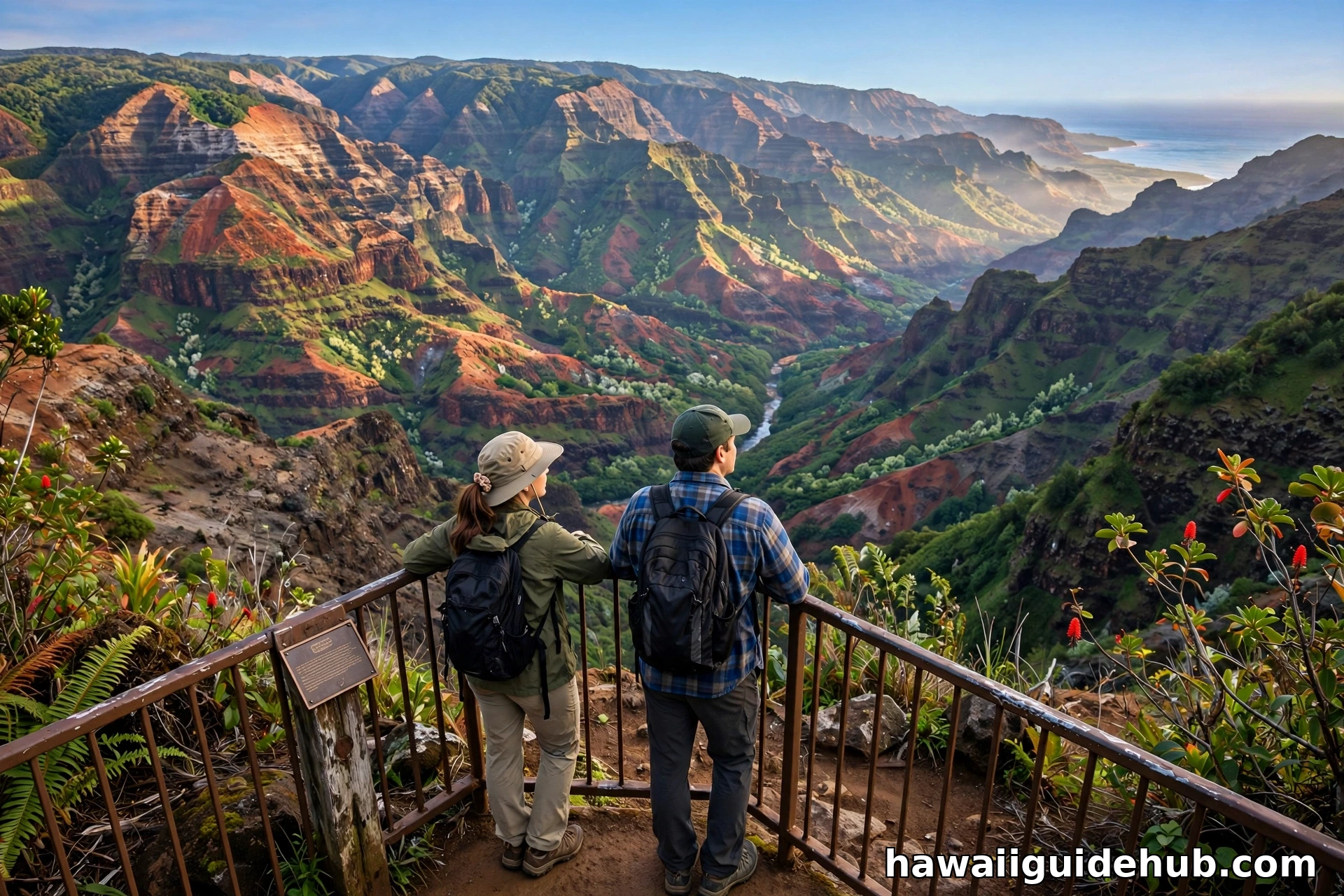 Visitors at a Waimea Canyon lookout overlooking layered red and green canyon walls