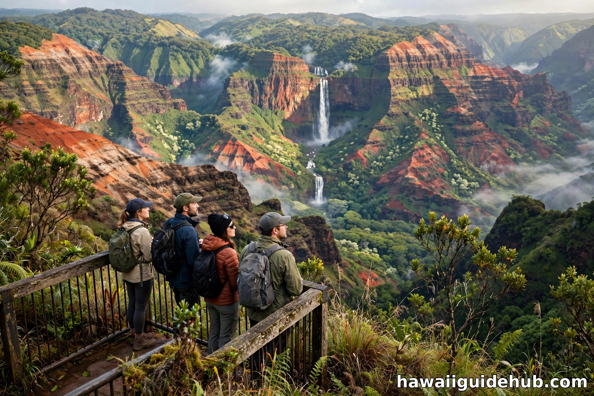 Visitors at the Waimea Canyon Lookout taking in the gorge.