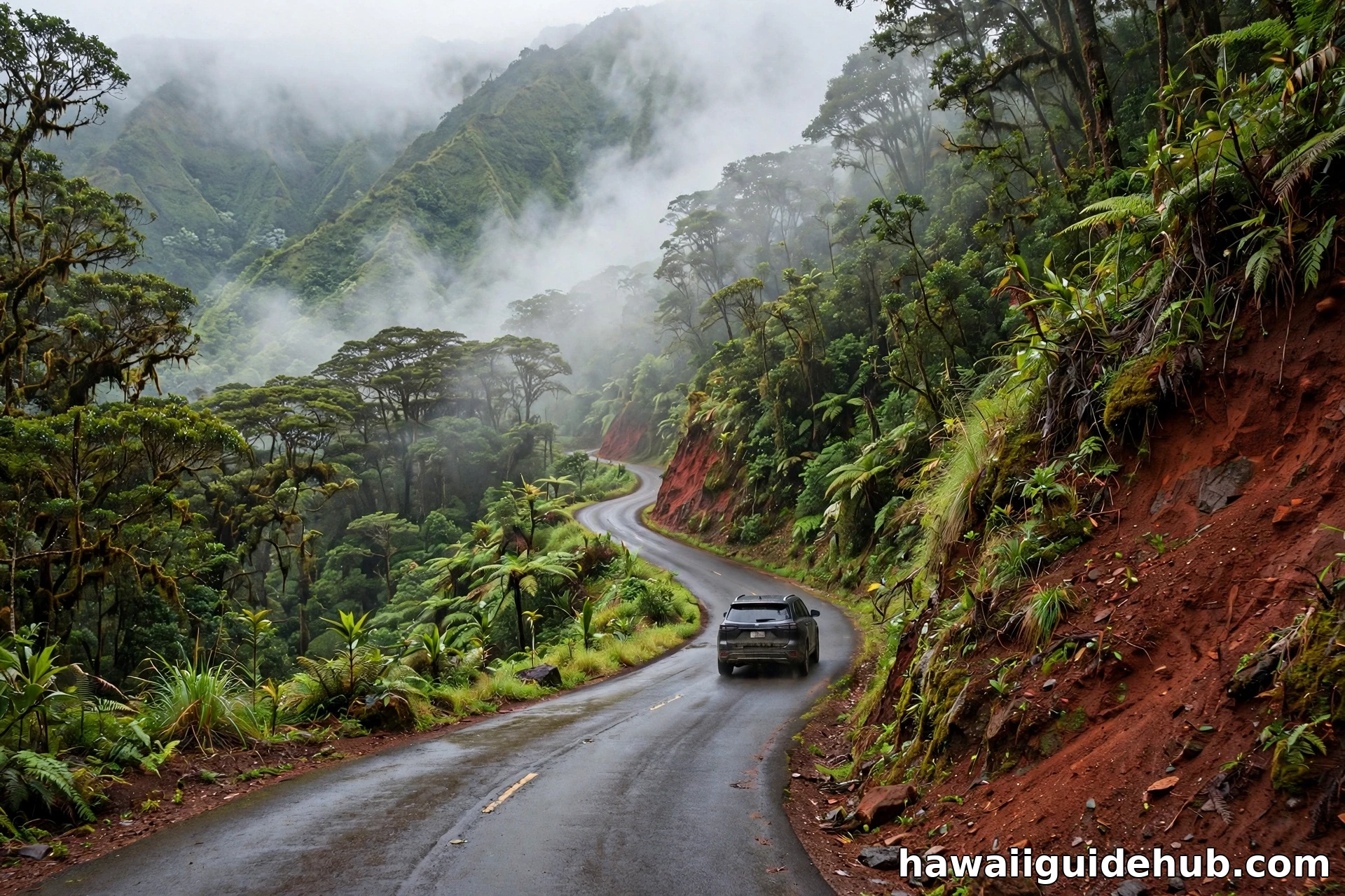 A car climbing the winding Waimea Canyon road through misty forest.
