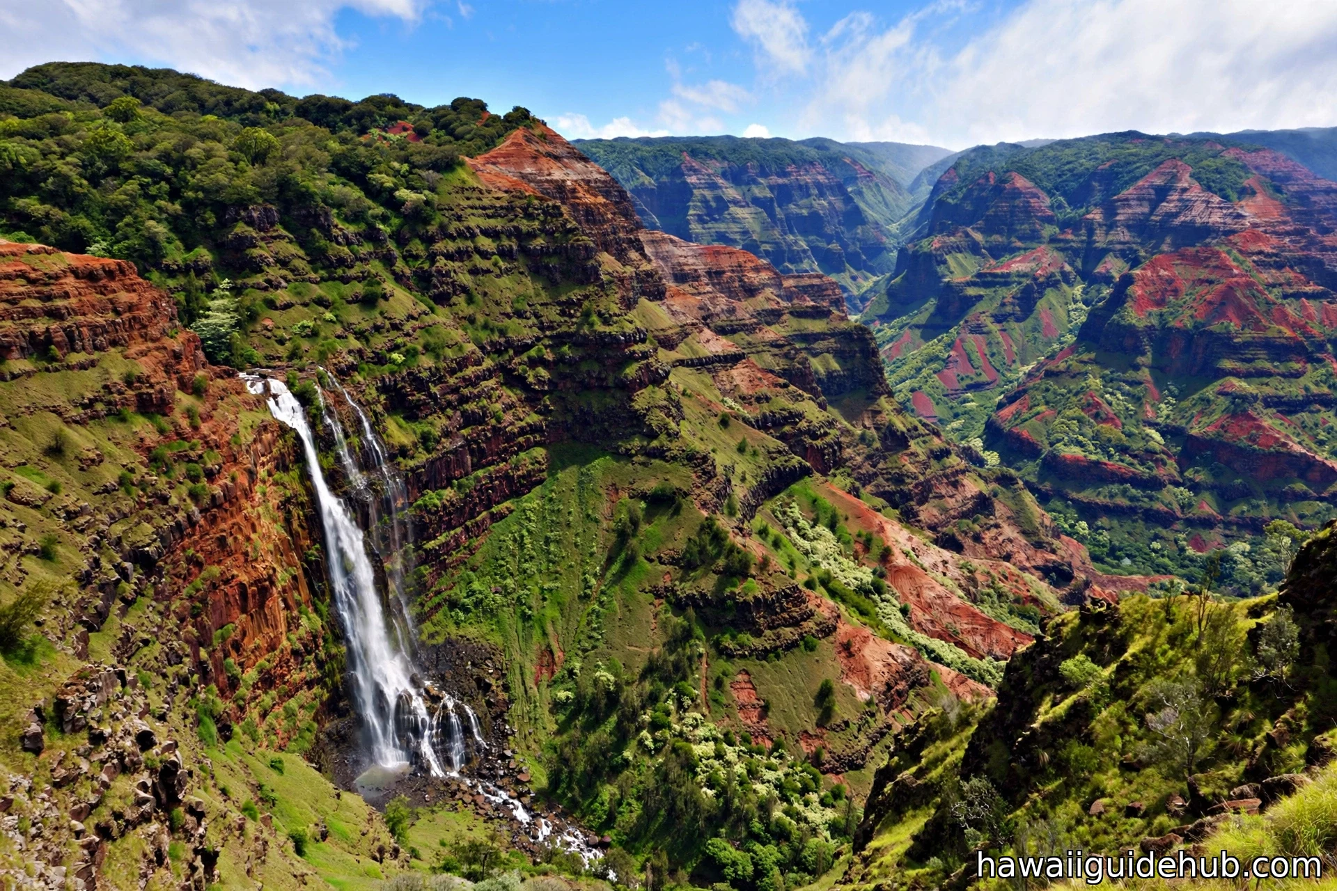 Waimea Canyon with red and green layered walls and Waipoo Falls cascading down the canyon face on Kauai