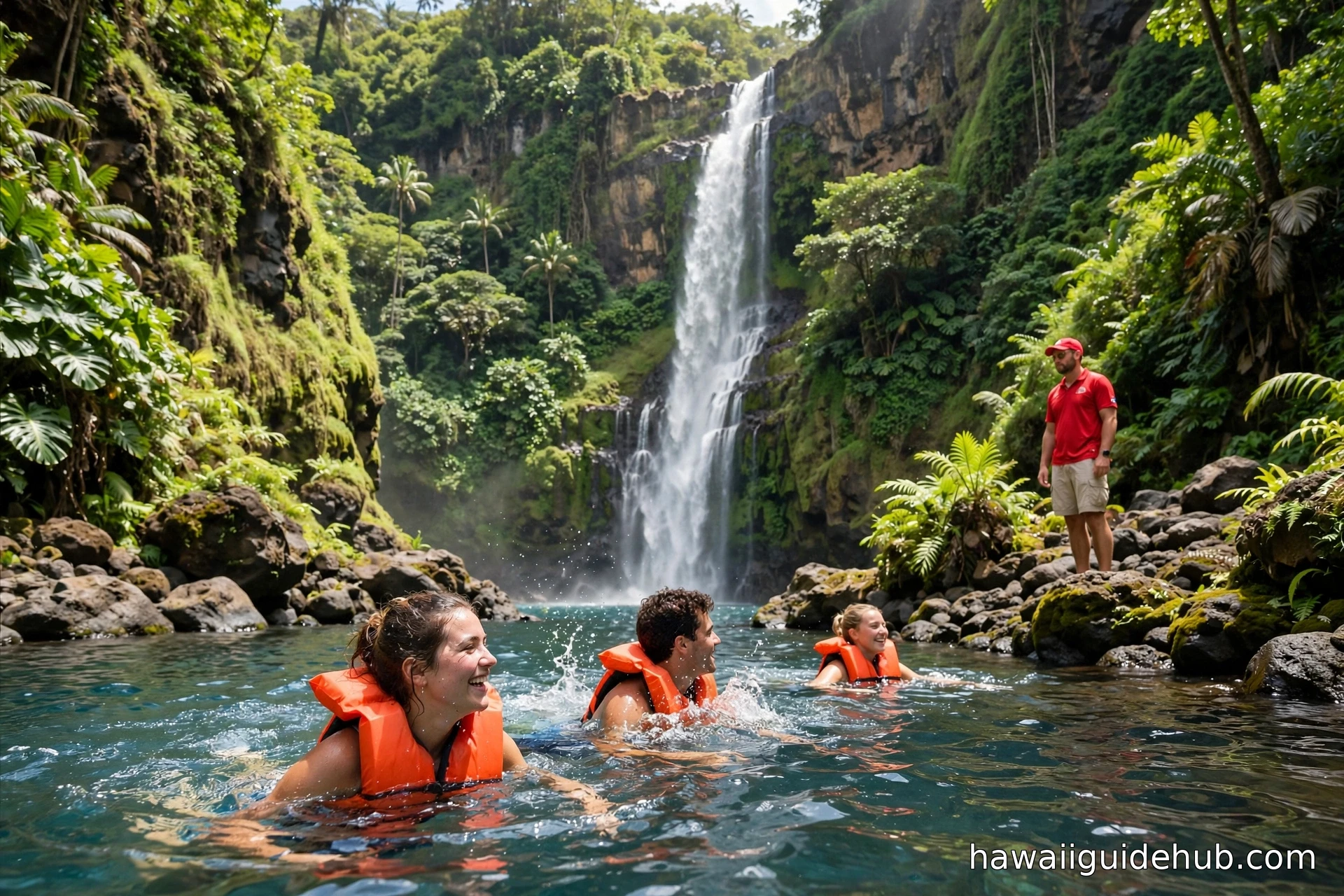 Swimmers wearing orange life vests in the waterfall pool at Waimea Falls while a lifeguard watches from shore