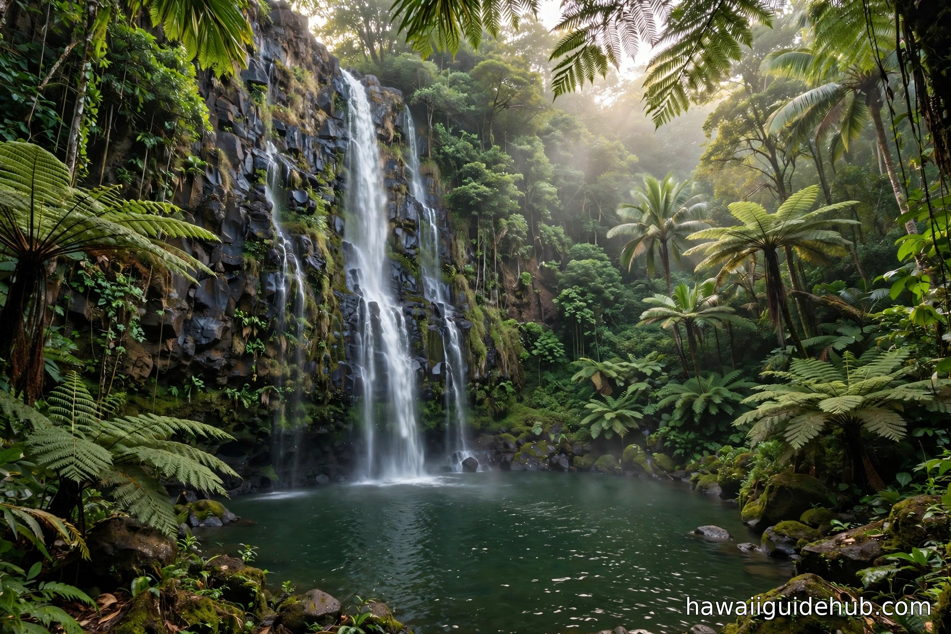 Waimea Falls cascading down a volcanic cliff into a deep green pool surrounded by lush Hawaiian rainforest on Oahu