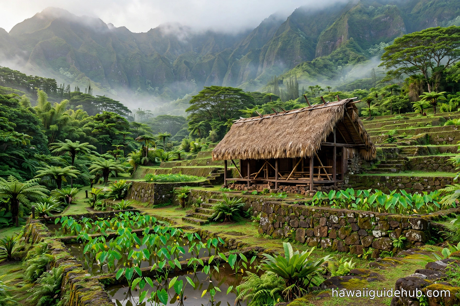 Traditional Hawaiian thatched hale with ancient stone terraces and taro patches in Waimea Valley Oahu
