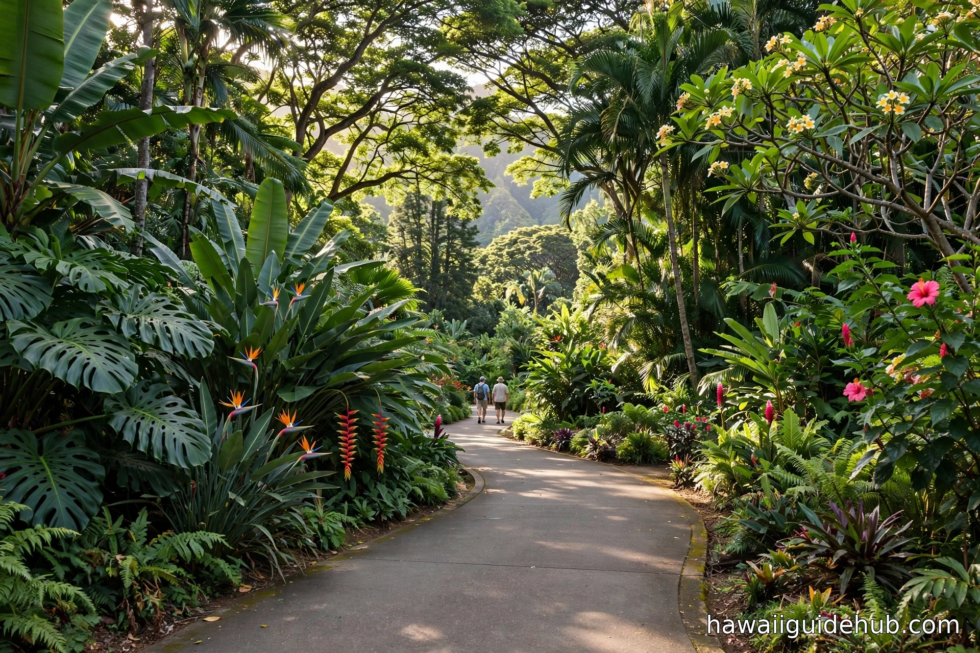 Paved walking path winding through the tropical botanical gardens of Waimea Valley on Oahu's North Shore