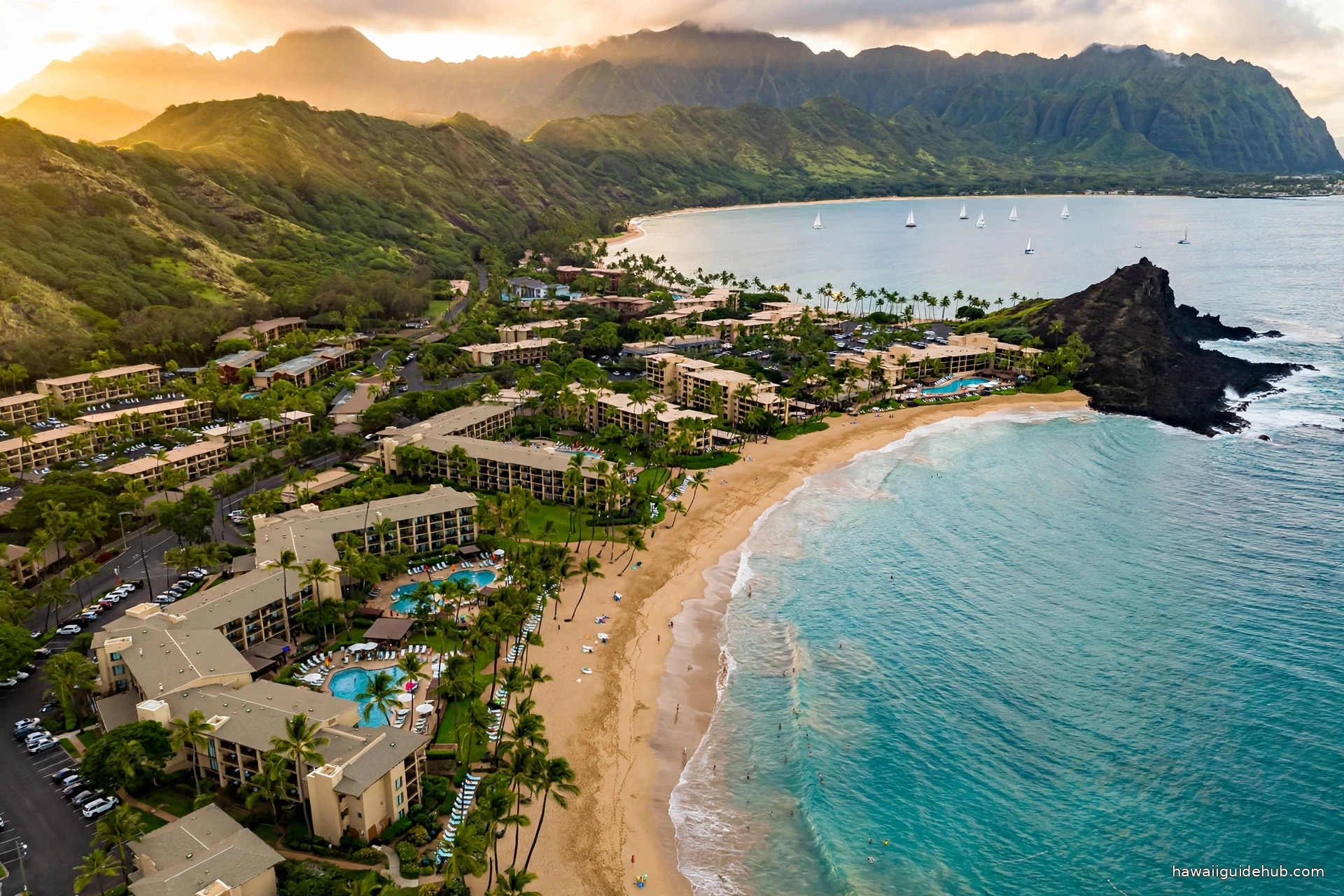 Aerial view of Kāʻanapali Beach on Maui's west coast at golden hour, with the dark lava rock of Black Rock and the West Maui Mountains