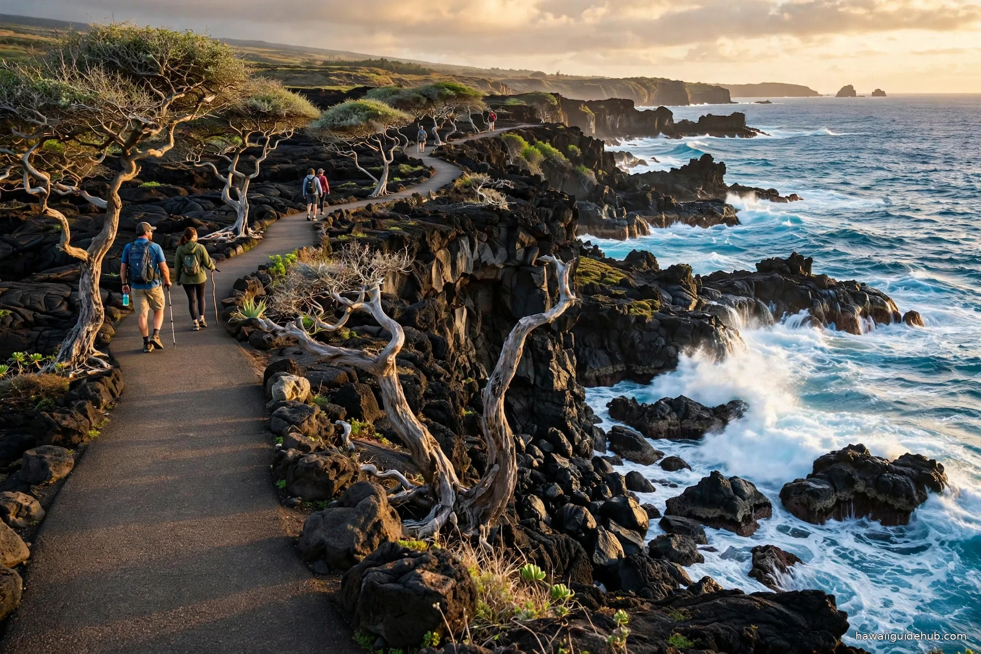 Hikers on the Kapalua Coastal Trail along black lava cliffs with ocean waves below