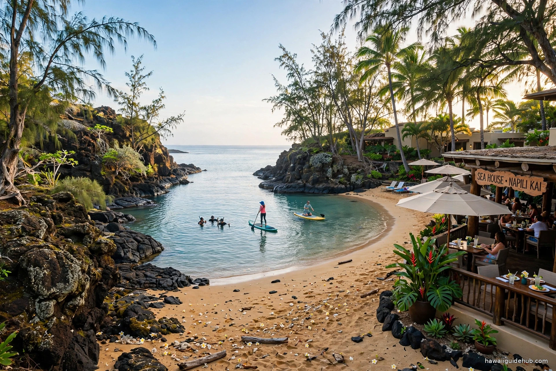Nāpili Bay on Maui with paddleboarders on calm turquoise water and the Sea House restaurant on the sand